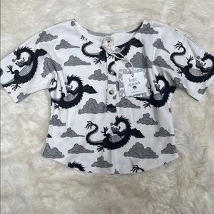 🐉 NWT Kate Quinn Black and White Dragon Henley Boxy Shirt 18-24 Cotton